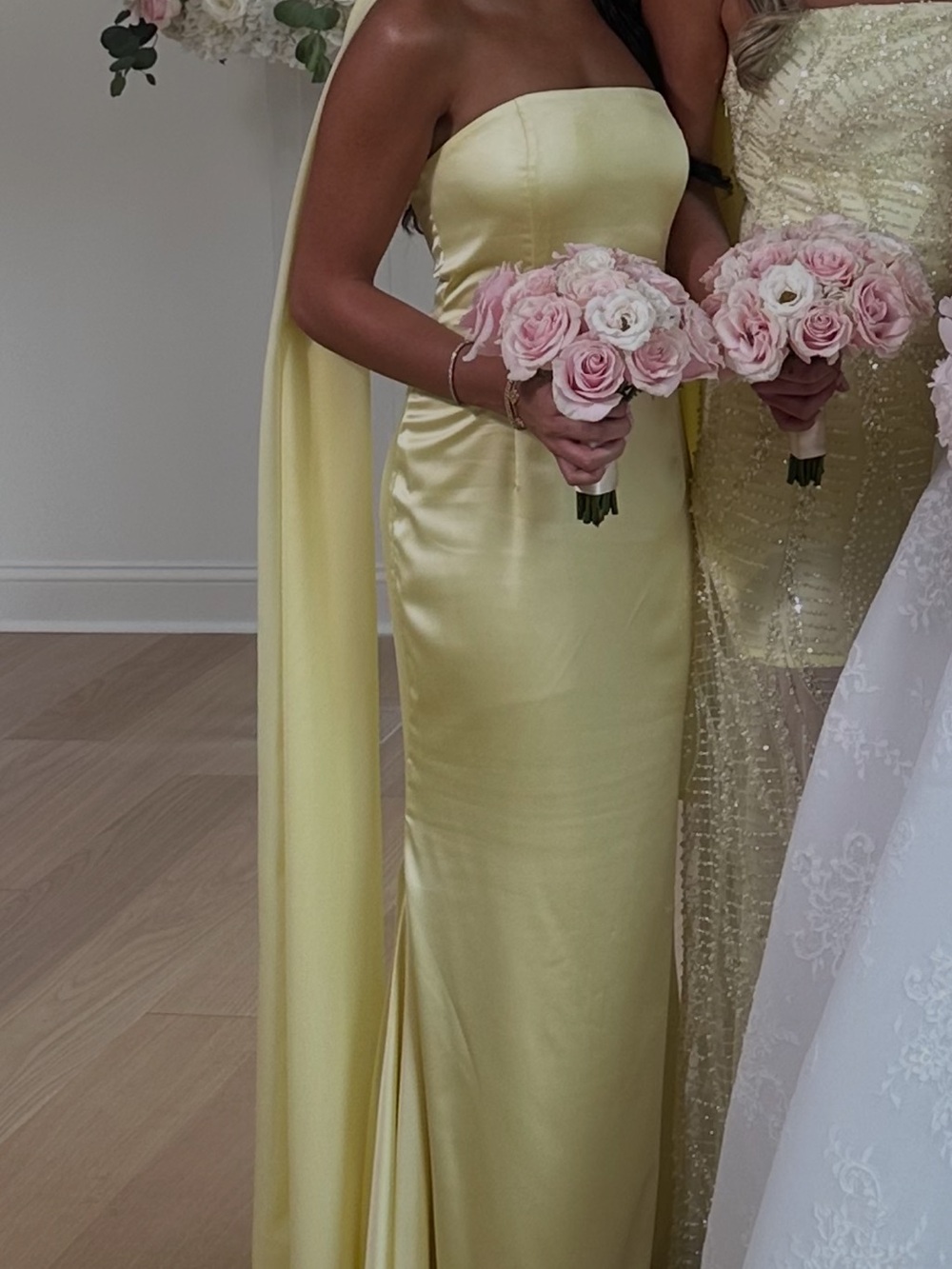 Strapless Yellow Satin Evening Gown